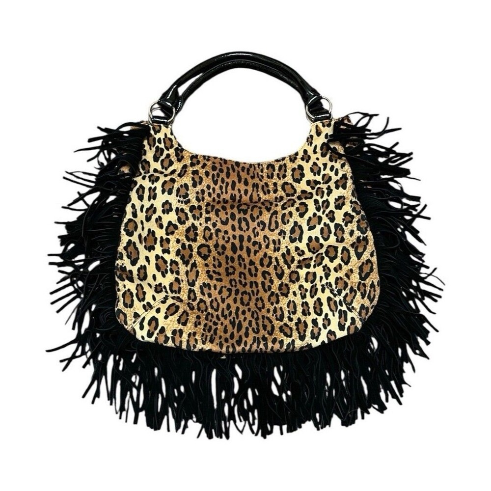 Leopard Print Fringe Shoulder Bag Purse Blue Satin Lining Magnetic Closure